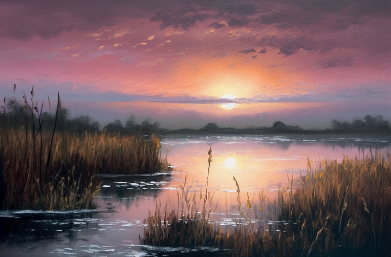 紫色黄色风景画落日余晖湿地水草倒影植物油画家居装饰湿地公园水面如镜,高清,摄影图,摄影图片,图片大全,摄影图免费下载